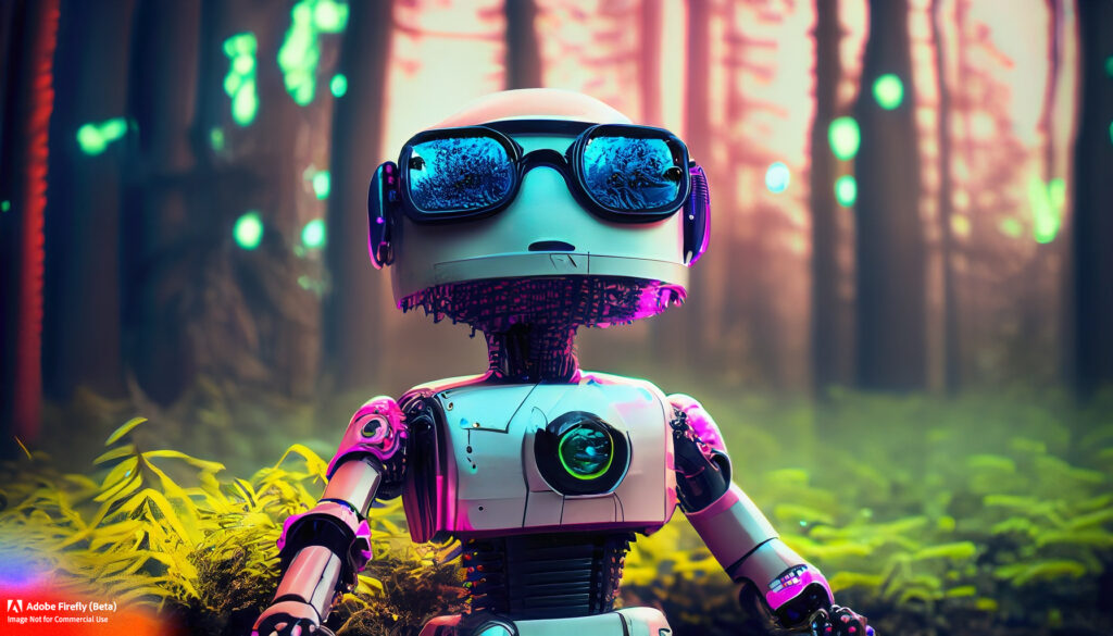 robot in the woods with sunglasses