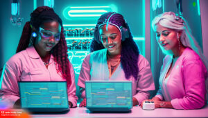 three women working on computers in a lab