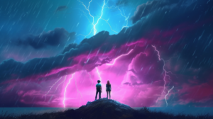 brainstorming with ai, storm, two people in a storm, teal and pink colors