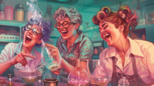 women experimenting in a lab, women laughing