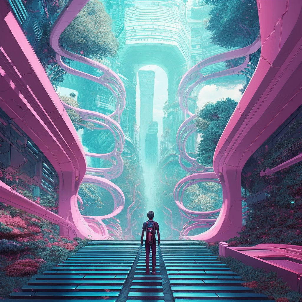 path, journey, man walking down a futuristic path