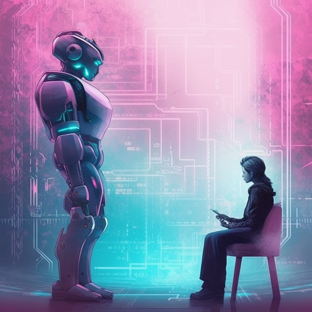 human meets robot, artificial intelligence, teal and pink