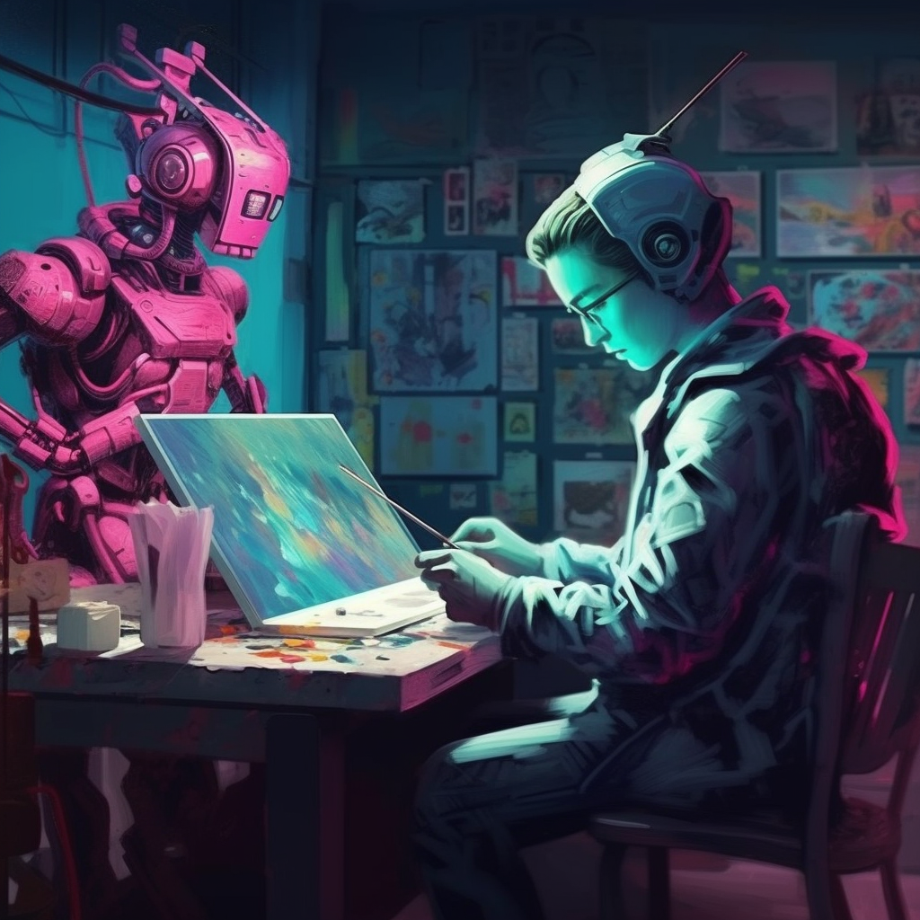 robot and human making art, artist, sci fi, teal and pink colors, futuristic, digital art collaboration