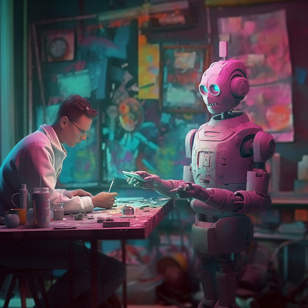 creative robot, art, painting, robot, teal and pink