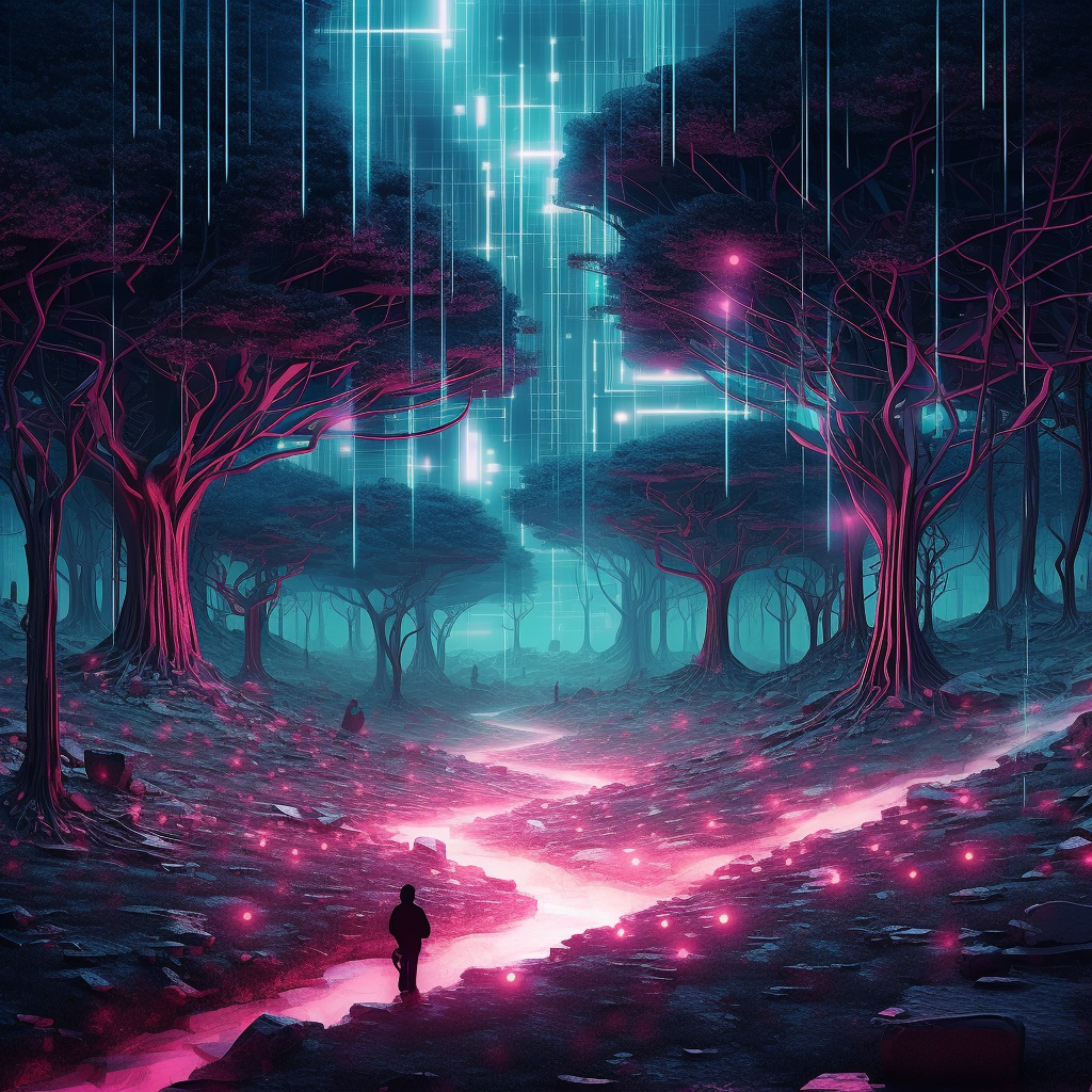 digital landscape, ai, infinity, teal and pink colors