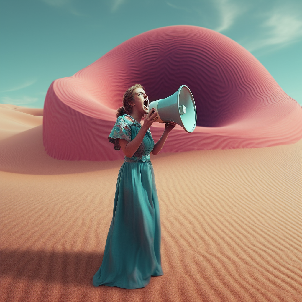 woman shouting in desert, teal and pink colors