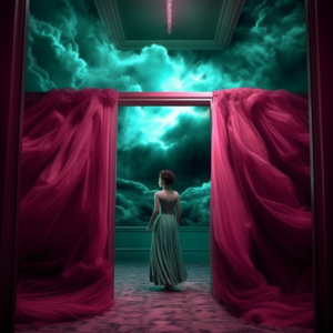 storm, curtains, teal and pink, step into the unknown, fantasy, woman looking out