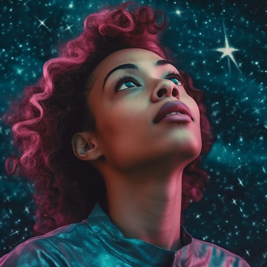 woman looking up, starry night sky, teal and pink colors