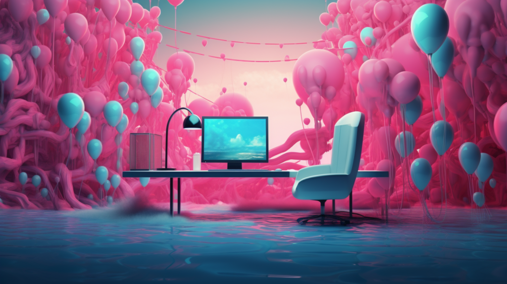 marketing office, teal and pink, surreal