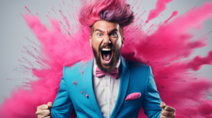 marketing guy, excited, blue suit, teal and pink, blue and pink