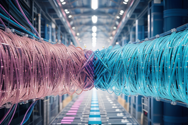 API flowing, pink, teal, Imagine a robust API, symbolized by a massive data stream flowing into Jasper, enabling deep integration of larger datasets for hyper-aligned content creation