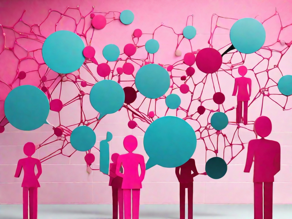 Group of people from different backgrounds talking and smiling. Speech bubbles above their heads contain words and phrases related to marketing, such as "content creation," "campaign management," "brand voice," and "AI-powered tool. AI Mastermind group
