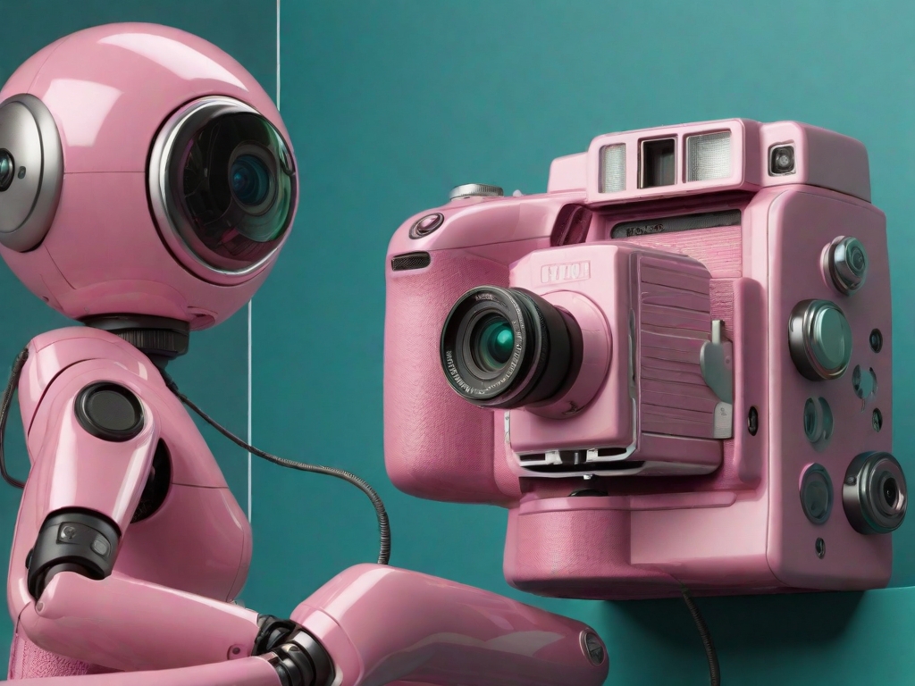 pink robot
pink camera, sitting next to each other, white background

