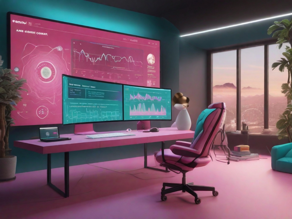 Jasper's Copilot is analyzing and mimicking a unique brand voice, highlighted by the striking 'X-ray view' feature detecting any deviations, symbolizing the precision and customization in AI-powered content creation. use pink and teal coloes