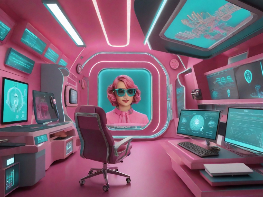 Copilot, computers, futuristic, ai robot, pink and teal colors, spaceship, marketing tips