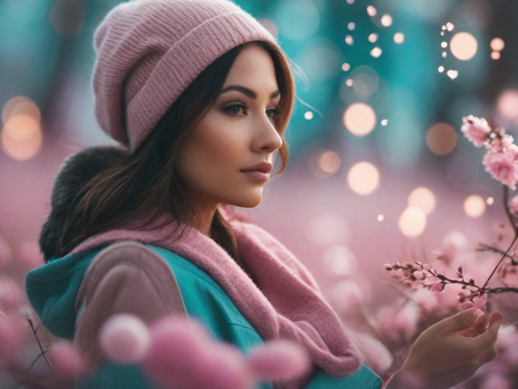 woman with with pink flowers, woman, pink, teal, winter, focus, blurred