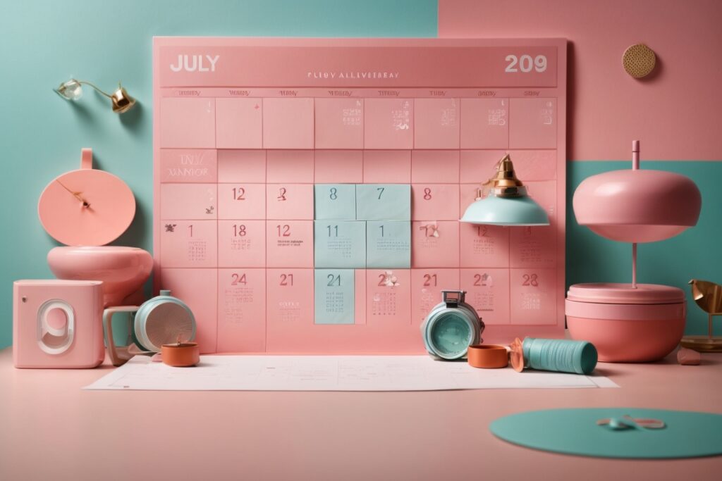 calendar, July, pink, teal, ai course, ai smart, ai tools, posting regularly, stylized calendar with marked dates, indicating the frequency of posting. 