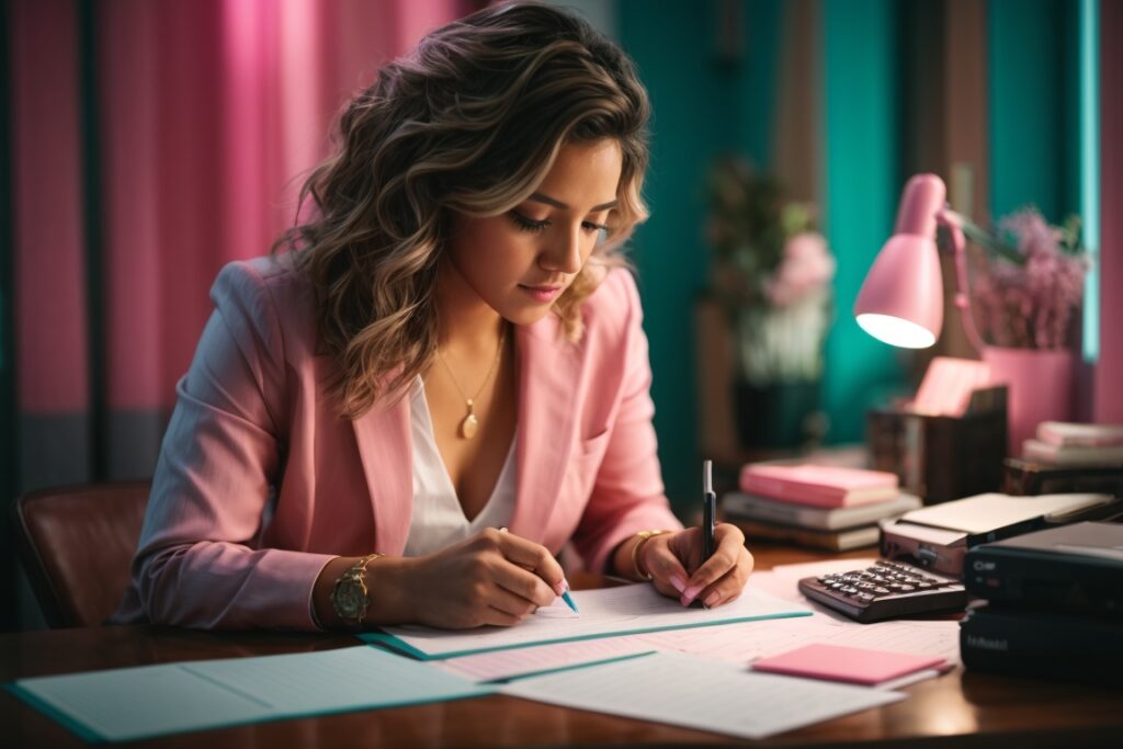 Woman calculating, calculator, LinkedIn, ai tools, ai smart, ai course, ballpen, lamp, watch, books, desk, pink and teal, 