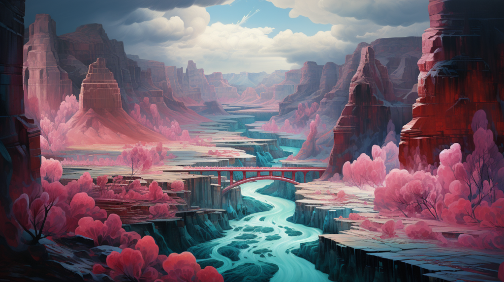 bridge over canyon, teal and pink colors.