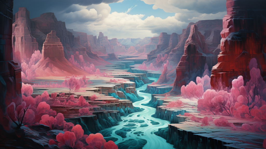 canyon divided by a blue river, surreal photorealistic artwork, teal and pink colors