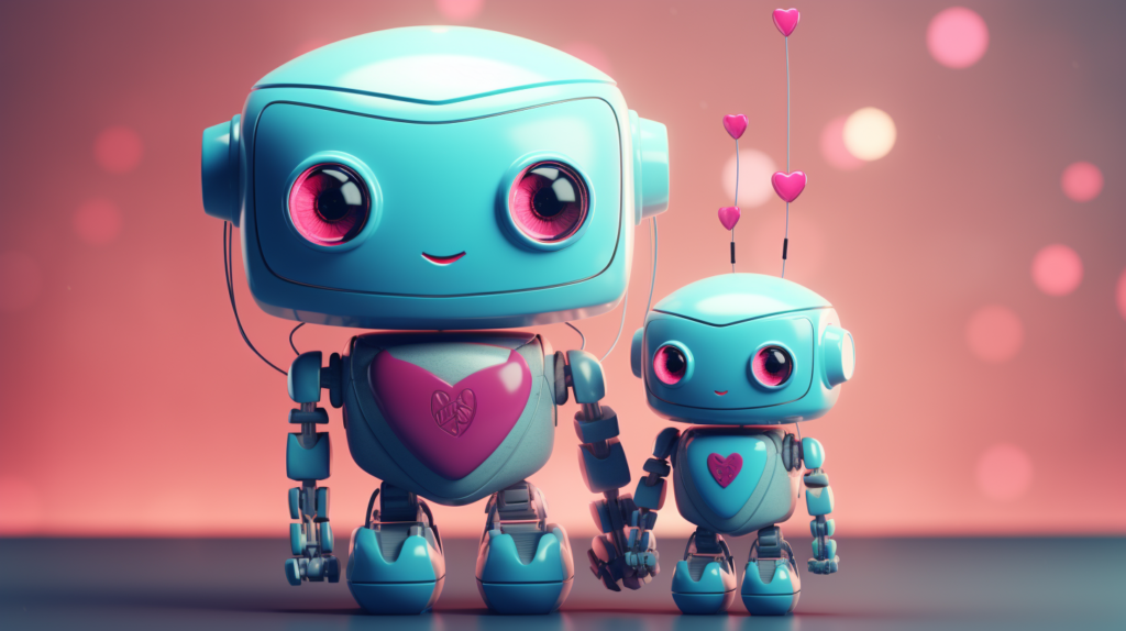 baby robot being adopted by mother robot, adoption of ai, robot love, ai, valentines day, teal and pink colors