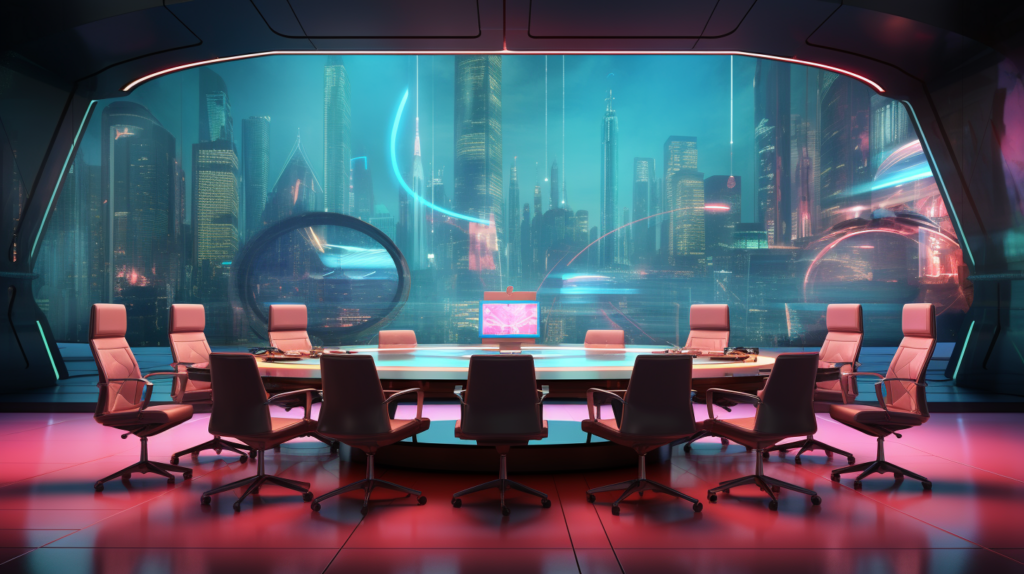 futuristic board room in teal and pink colors, tech board room, futuristic, city