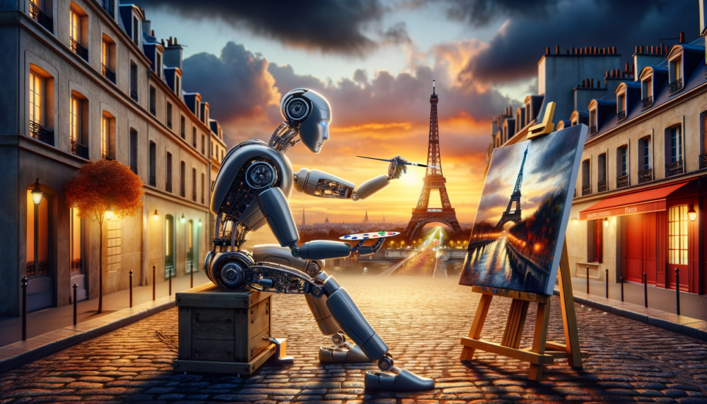 AI In 2024 A Look Back At 2023 And What We Expect In 2024 AI Smart   DALL·E 2024 01 10 16.20.59 In Twilight Paris A Robotic Artist With A Sleek Metallic Design Is Painting The Eiffel Tower On A Canvas Bathed In The Warm Glow Of The Setting Sun 1024x585 