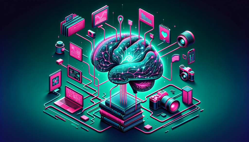 Brain illustration with interconnected electronics and objects.

