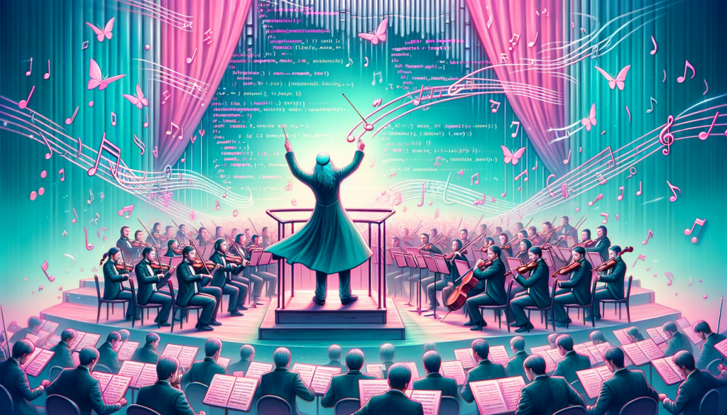  bard as a conductor in front of an orchestra made up of different musical instruments which symbolize different programming language