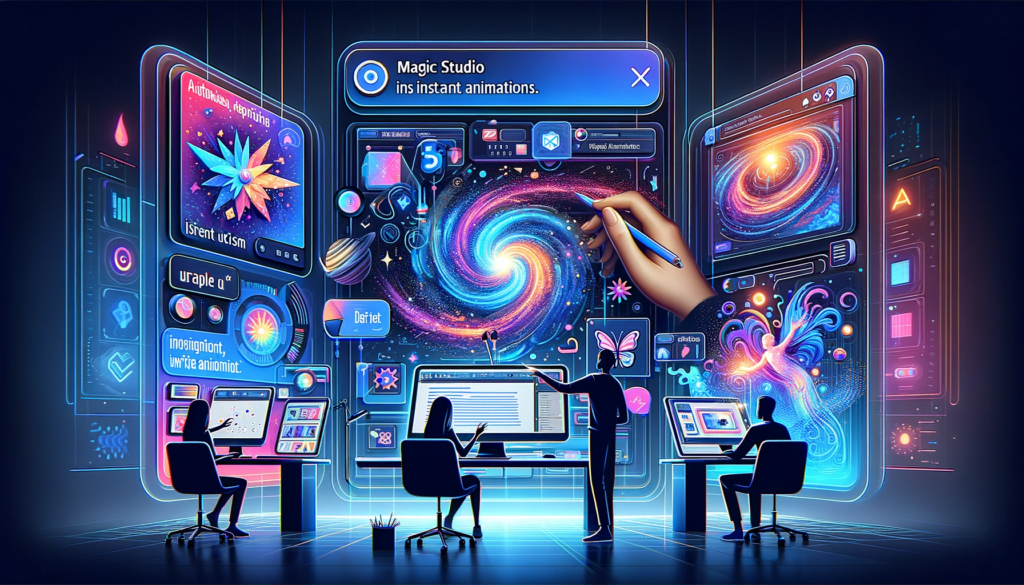 Canva's Magic Studio illustrated with large futuristic screens and people using smaller screens to edit drawings and graphics on the larger screens