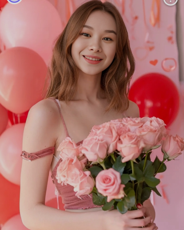 The image features a woman smiling gently at the camera. She has shoulder-length, light brown hair and is wearing a sleeveless pink dress with thin straps. In her arms, she is holding a bouquet of pale pink roses, and her posture suggests a relaxed and happy demeanor. The background is festive, adorned with pink and red balloons and hints of heart-shaped decorations, which could suggest a celebration or a romantic occasion such as Valentine's Day. The overall color scheme of the picture is soft, with pink hues dominating the setting.