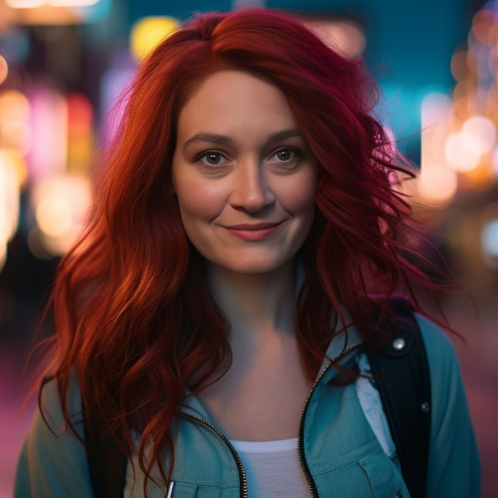 A woman with vibrant red hair and a warm smile stands in the foreground. She has a fair complexion and subtle makeup that highlights her gentle features. Her eyes are a light, welcoming shade, and her hair falls in soft waves around her face. She is wearing a light blue jacket over a white top. The background is a blur of colorful city lights that create a bokeh effect, giving the impression of a bustling urban evening scene.