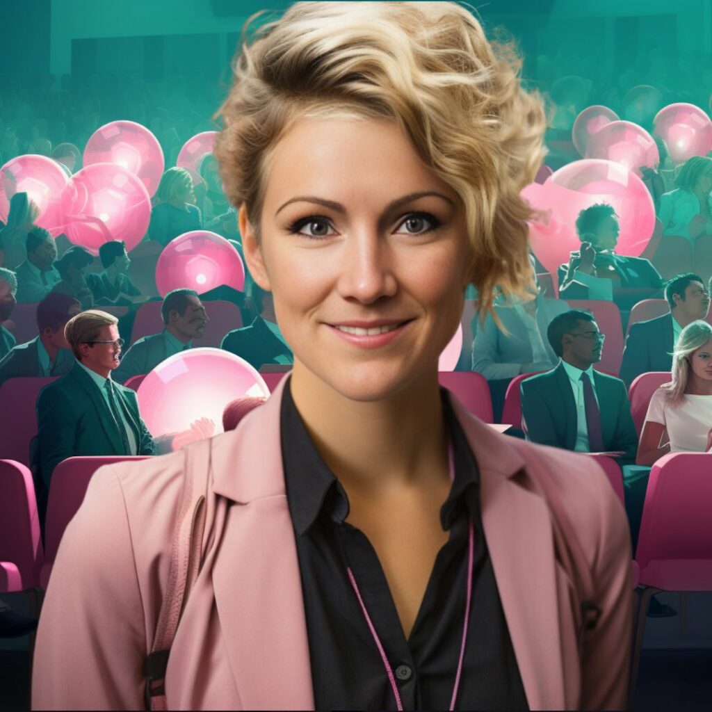 A confident woman with short, wavy blonde hair and a welcoming smile stands in the foreground. She has bright eyes and a friendly demeanor. She's wearing a smart, dusty pink blazer over a black shirt. In the background, there's an audience in a conference or event setting, with some people holding up glowing pink balloons. The crowd appears engaged and lively, contributing to a festive and interactive atmosphere. The woman's professional attire and poised stance suggest she could be a speaker or organizer at the event.