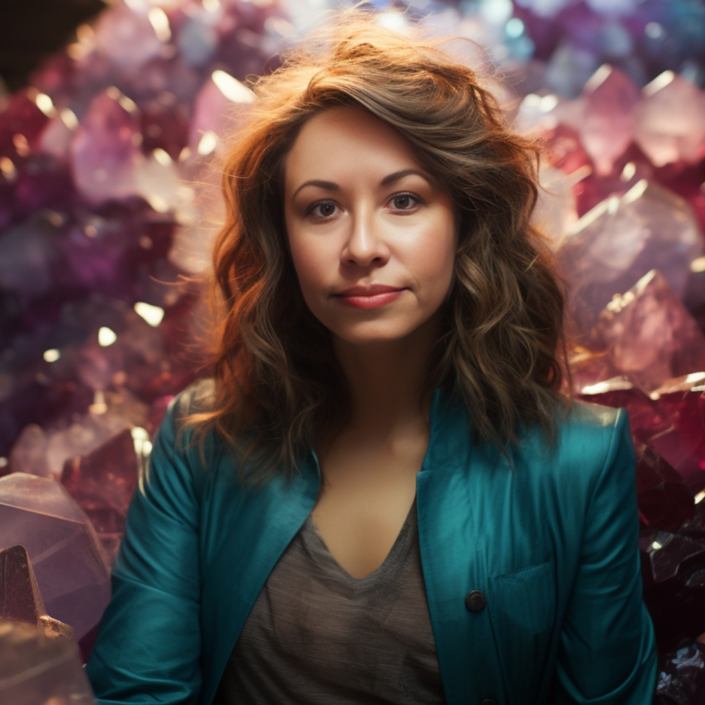 A woman with softly curled, medium-length brown hair is framed against a backdrop of large, sparkling purple and pink crystals. She wears a serene, thoughtful expression with a slight smile and her brown eyes gaze directly at the viewer. She's dressed in a teal blazer over a grey V-neck top, which contrasts with the vivid colors behind her. The lighting casts a warm glow on her face, enhancing the inviting and introspective mood of the portrait.