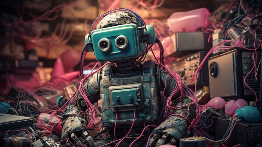 Robot surrounded by wires and tech, AI, Midjourney image that is teal and p ink colors.