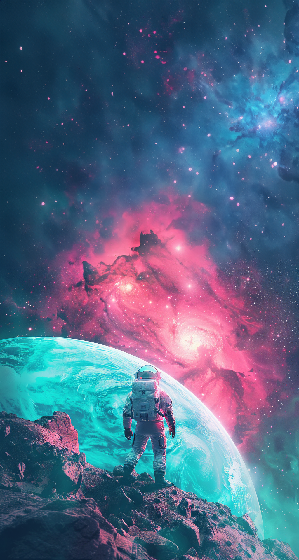 astronaut looking out at a galaxy