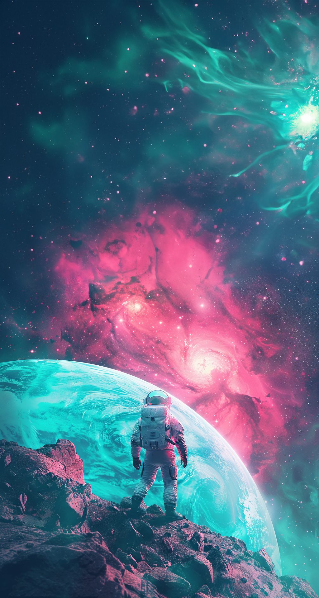 astronaut looking out at the galaxy with teal and pink colors in the sky