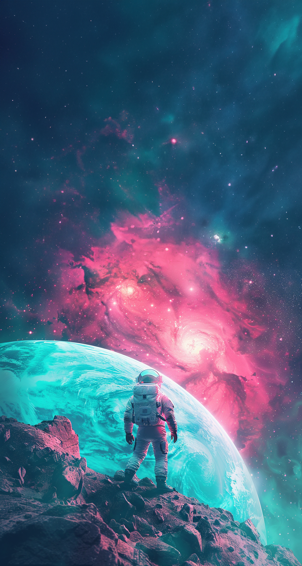 astronaut looking up at the galaxy on a fantasy planet, space, fantasy, science fiction