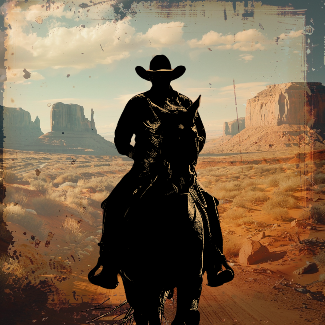 silhouette of cowboy riding toward camera in monument valley
