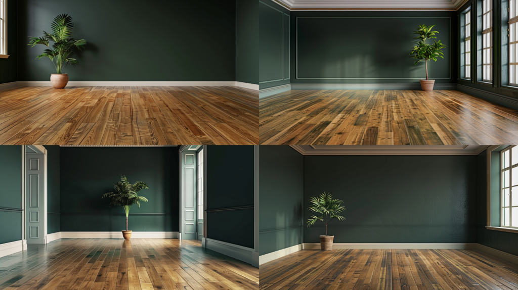 empty room with dark green walls, with a plant, oak wood floors