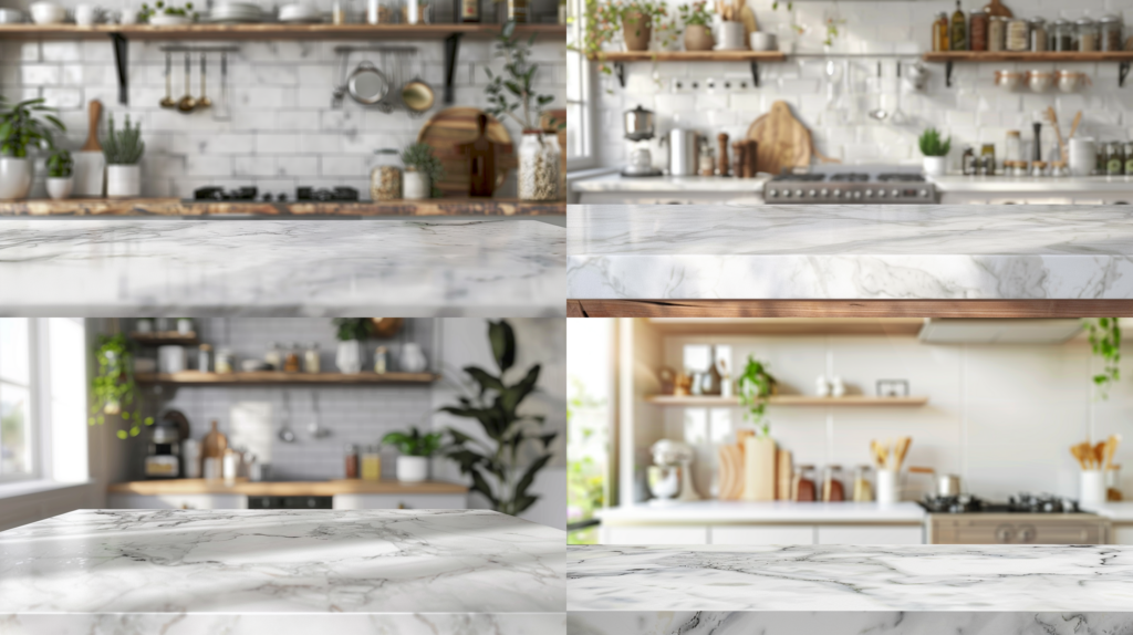 marble countertop with blurred kitchen background