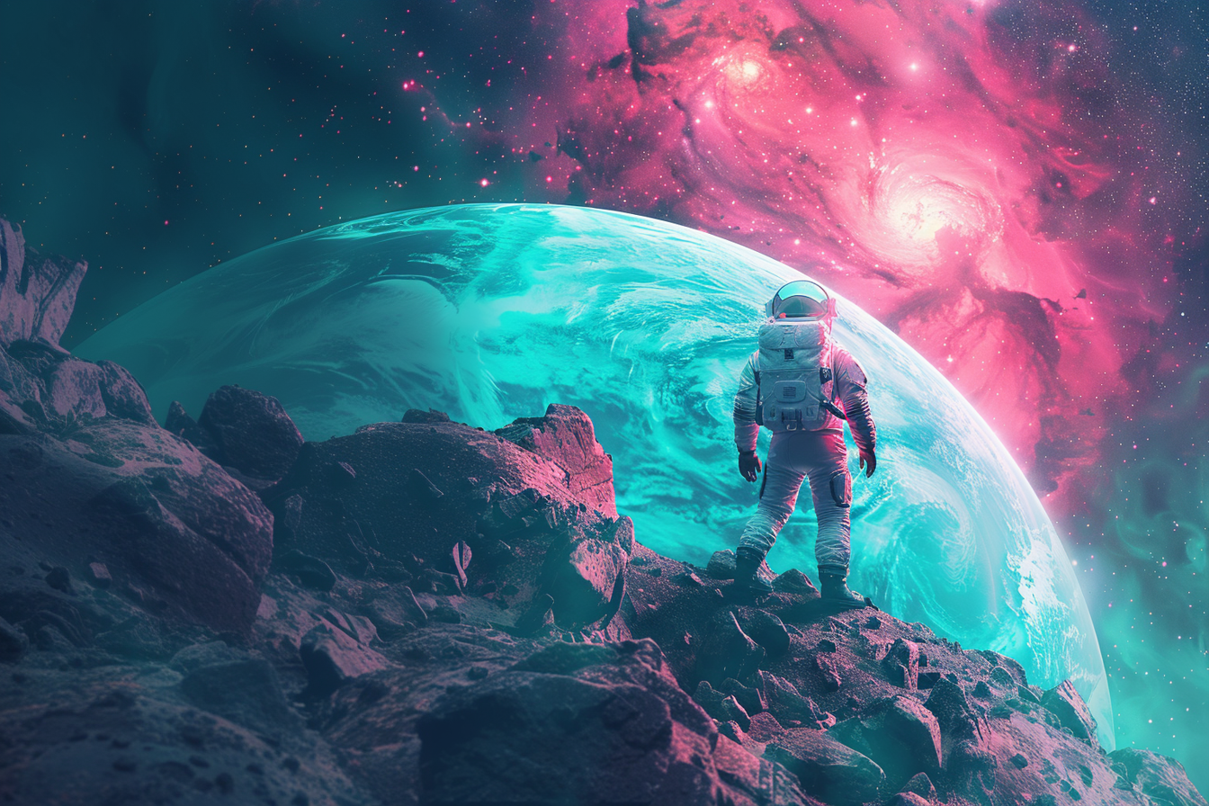 astronaut looking out at a galaxy in space, teal and pink colors