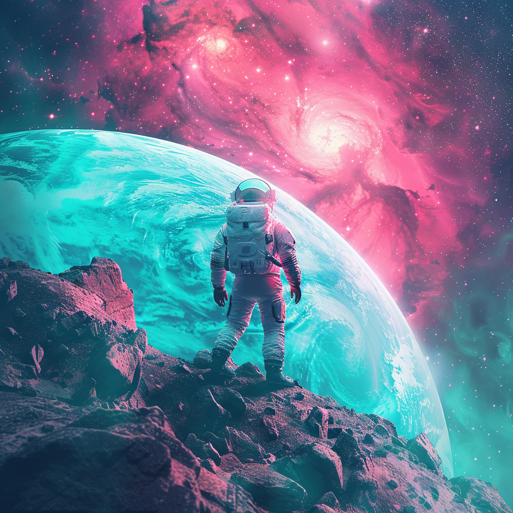 astronaut on a distant planet looking out at the galaxy, teal and pink colors