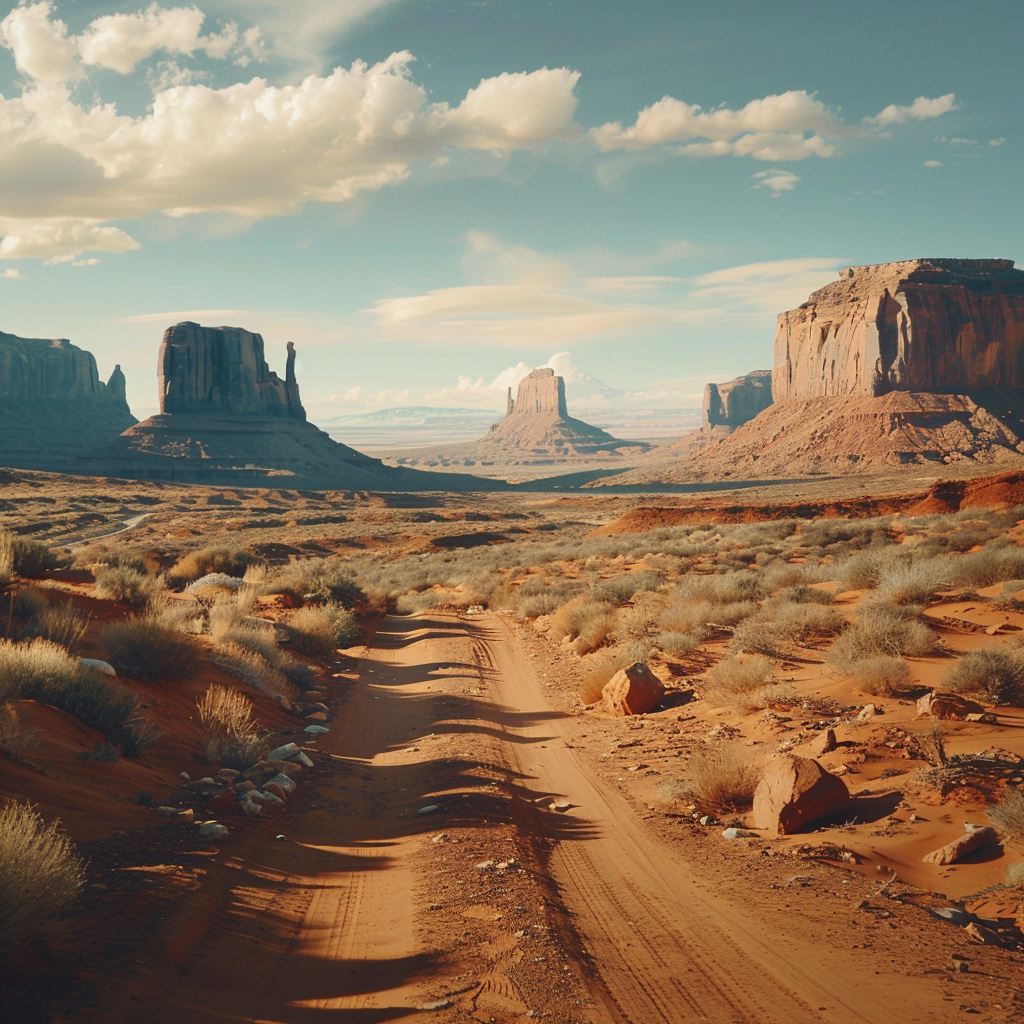 dirt path to monument valley, vintage ai photograph reproduction