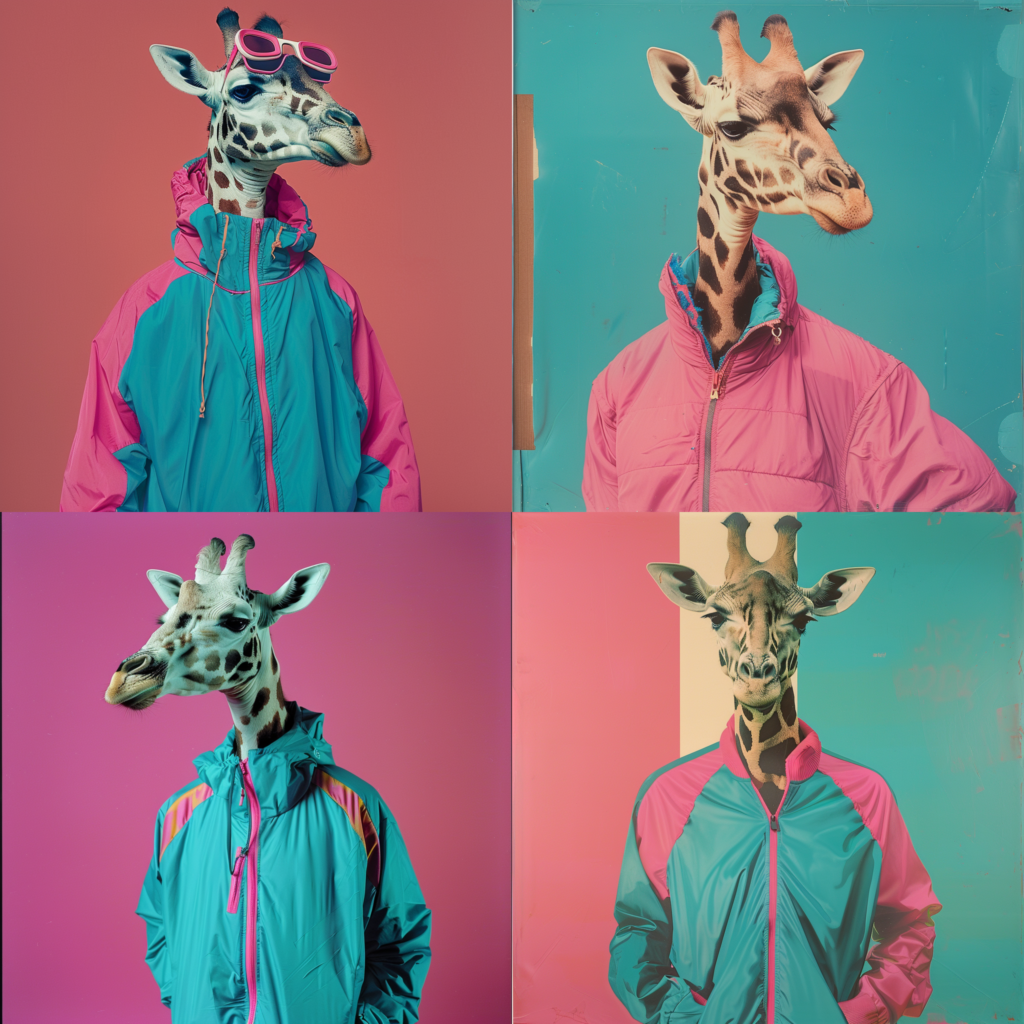 anthropomorphic giraffes in 80s style jogging suits, half body shots, teal and pink colors