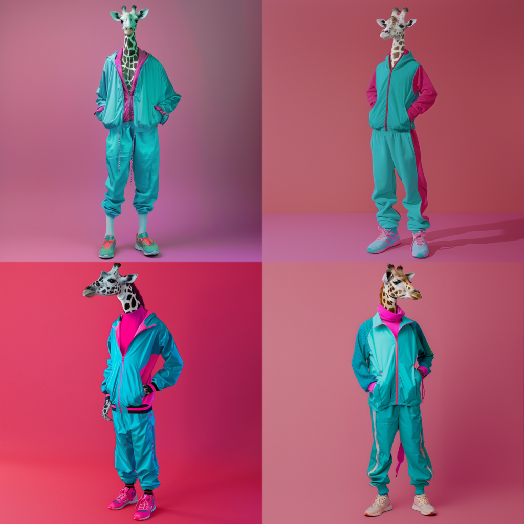 anthropomorphic giraffes in 80s style jogging suits,  full body shots, teal and pink colors