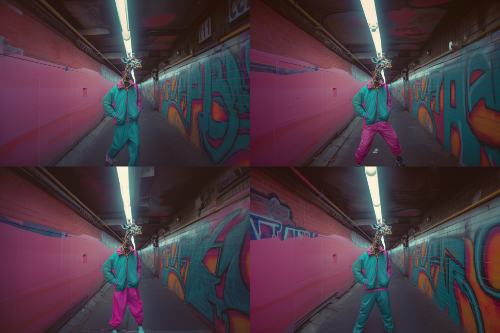 anthropomorphic giraffes in 80s style jogging suits,  full body shots, teal and pink colors, graffiti on the wall, urban environment