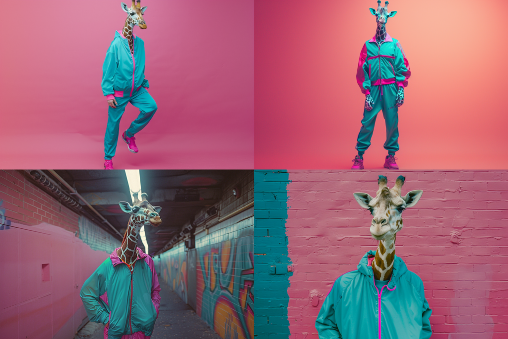 anthropomorphic giraffes in 80s style jogging suits,  full body shots, teal and pink colors