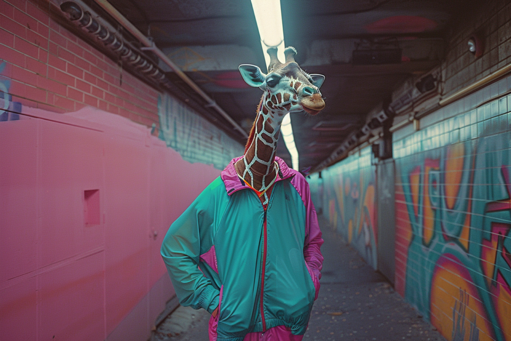 anthropomorphic giraffes in 80s style jogging suits, half body shots, teal and pink colors, graffiti on the wall, urban environment