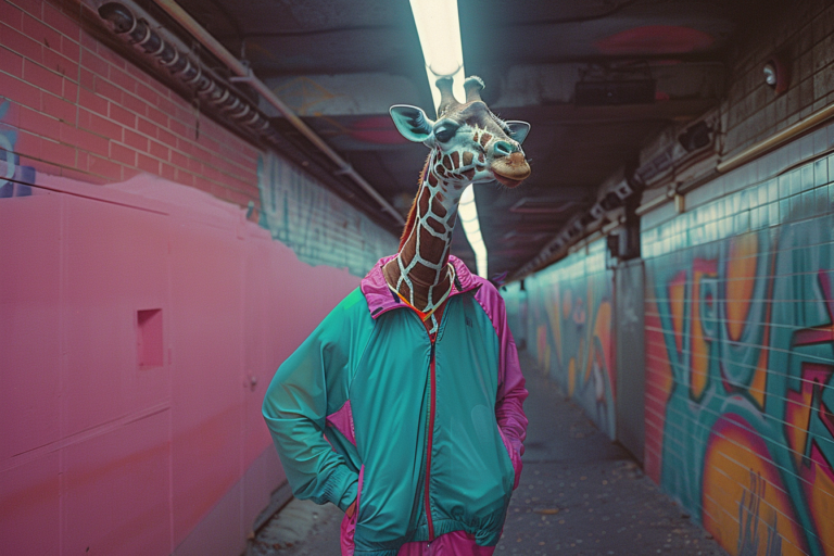 anthropomorphic giraffe in an 80s jogging outfit, teal and pink colors, kodak